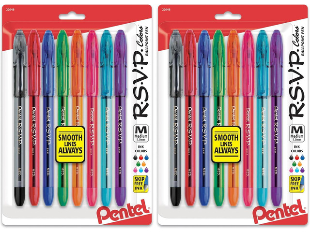 Pentel RSVP Ballpoint Pen,(1.0mm),Medium Line,Assorted Ink (BK91CRBP8M),(Pack of 16)