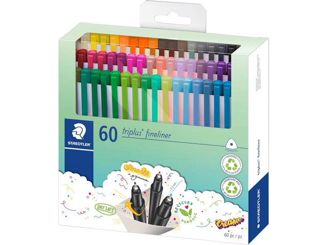 STAEDTLER 334 C60 Triplus Fineliner Superfine Pen, 0.3mm Line Width - Assorted Colours (Pack of 60)