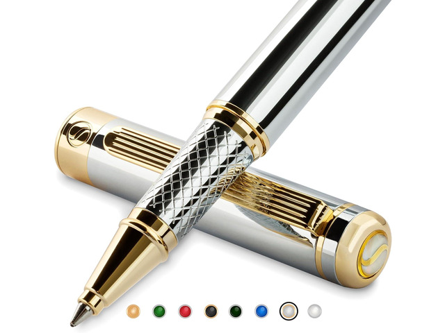 Scriveiner Silver Chrome Rollerball Pen - Stunning Luxury Pen, Real Gold Plating, Schmidt Ink Refill, Best Roller Ball Pen Gift Set for Men &...