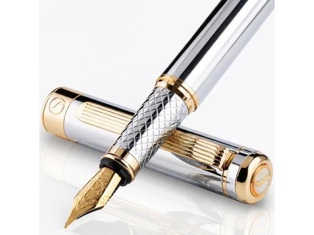 Scriveiner Silver Chrome Fountain Pen - Stunning Luxury Pen, Real Gold Finish, Schmidt Gilded Nib (Broad), Best Gift Set for Men & Women,...