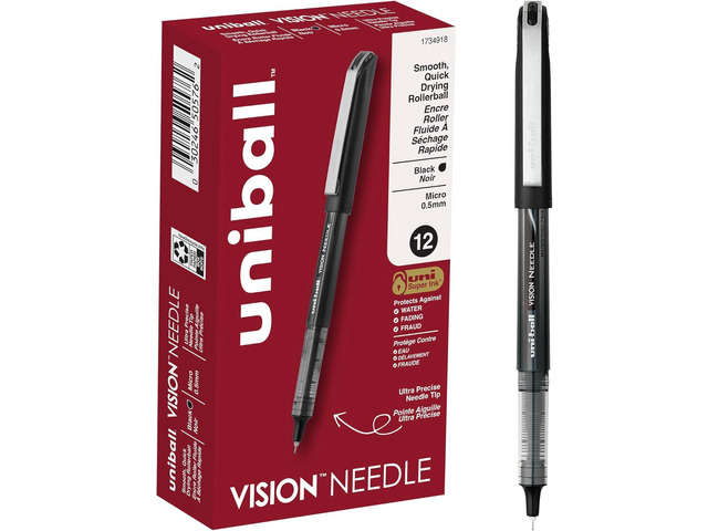 uniball Vision Needle Rollerball Pens, Micro Point (0.5mm), Black, 12 Pack