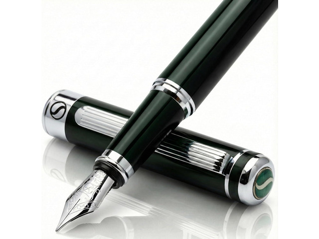 Scriveiner Black Green Fountain Pen - Stunning Luxury Pen with Chrome Finish, Schmidt Nib (Fine), Best Pen Gift Set for Men & Women, Professional,...