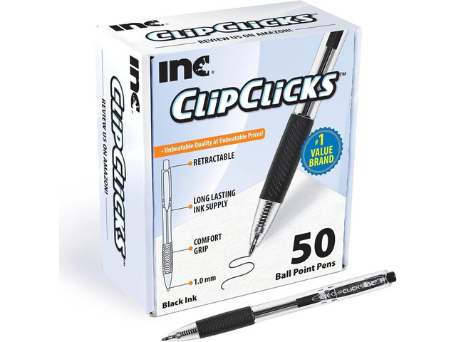 Inc. ClipClicks Retractable Ballpoint Pens - Bulk 1.0-mm Medium-Point Pen Set With Comfort Grip for School, Office, Writing, and Journaling, 50...