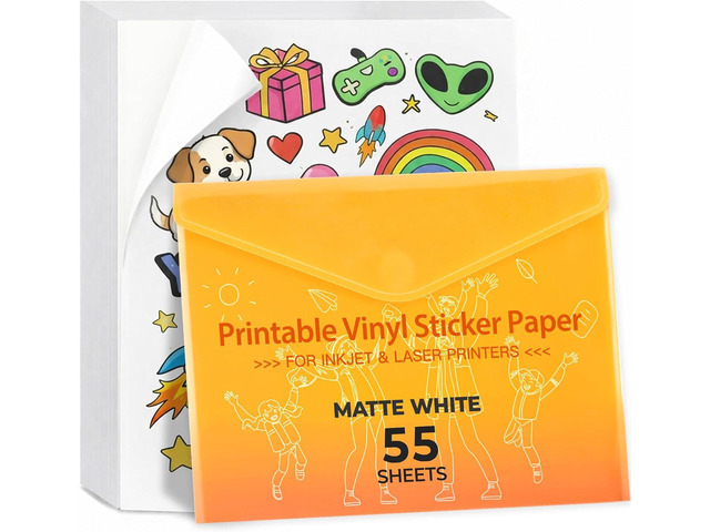JANDJPACKAGING Printable Vinyl for Inkjet Printer - 55 Pack Matte White Printable Vinyl Sticker Paper Dries Quickly Vivid Colors, Holds Ink Well,...