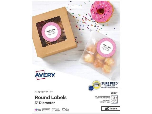 Avery Glossy White Labels, Sure Feed Technology, 3' Round Labels, Print-to-The-Edge, Laser/Inkjet, 60 Total (22891)