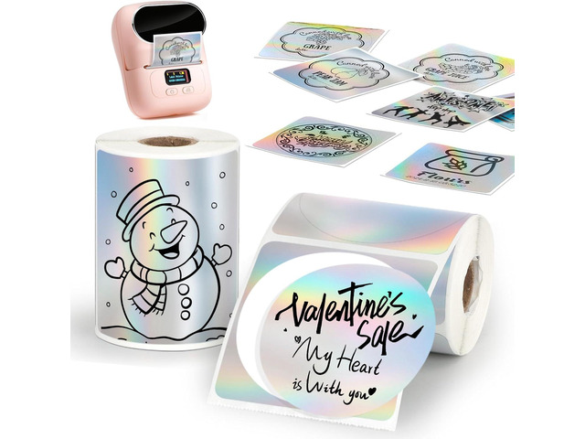 HuiJuKeJi 2 Rolls Holographic Silver Thermal Labels Paper for Phomemo M110 M200 M220 M221,50x50MM RoundSquare,Waterproof Self-Adhesive Mini Printer...