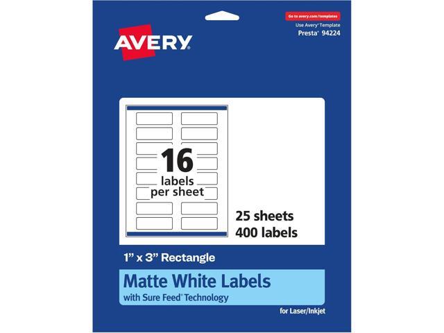 Avery Matte White Rectangle Labels, Sure Feed Technology, 1' x 3', 400 Matte White Printable Labels
