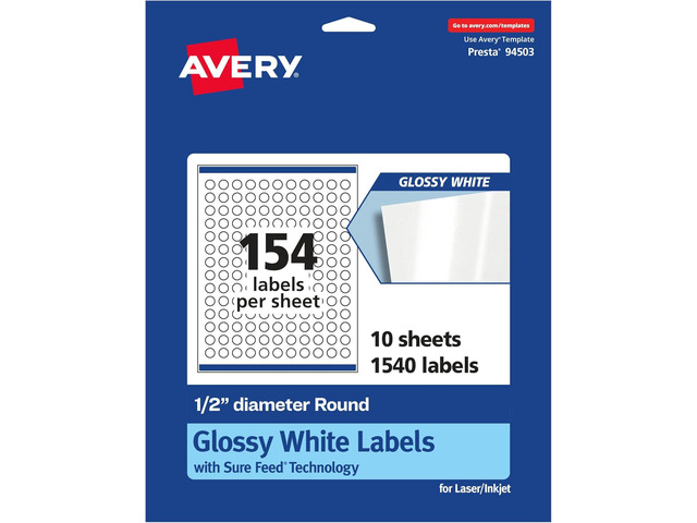 Avery Glossy White Round Labels, Sure Feed Technology, 1/2' Diameter, 1,540 Glossy White Labels, Print-to-The-Edge, Permanent Adhesive,...