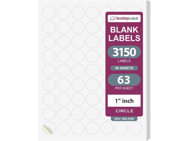 NextDayLabels 1 Inch Round Circle Stickers White Blank Labels for Laser Inkjet Printer - 63 Per Sheet Self-Adhesive Color Coding Organization Made...