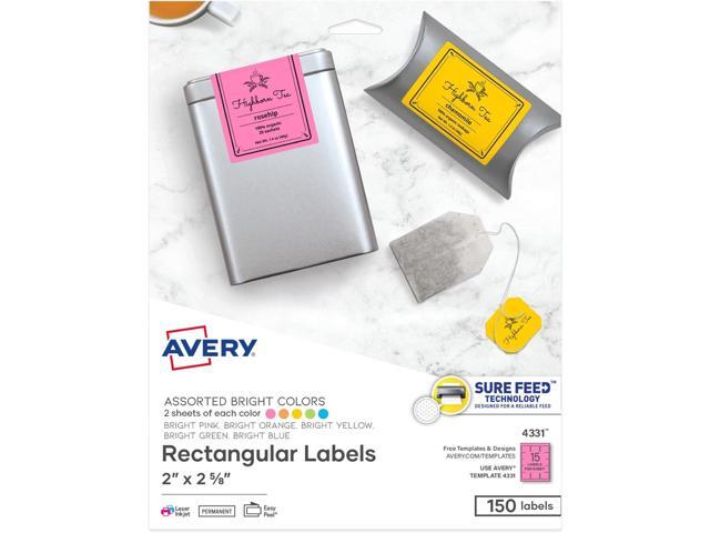 Avery Printable Labels, Sure Feed Technology, 2' x 2-5/8', Assorted Bright Colors (Pink, Blue, Green, Yellow, and Orange), Laser & Inkjet.