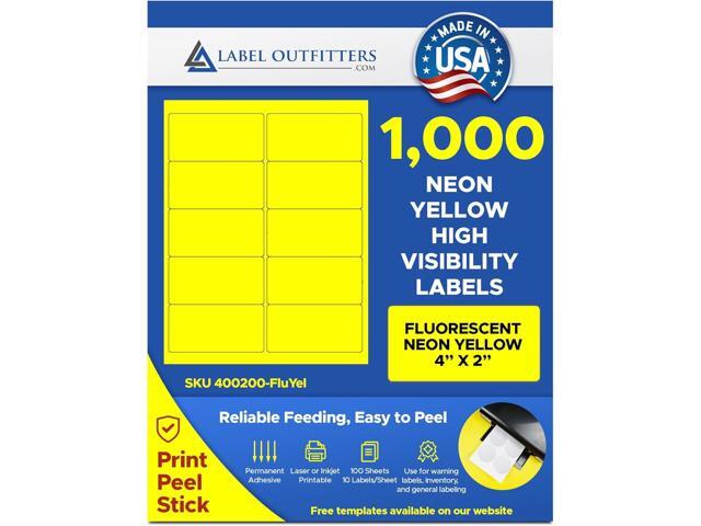 1,000 Label Outfitters Fluorescent Neon Yellow Laser Inkjet High Visibility Labels, 4' x 2', 100 Sheets
