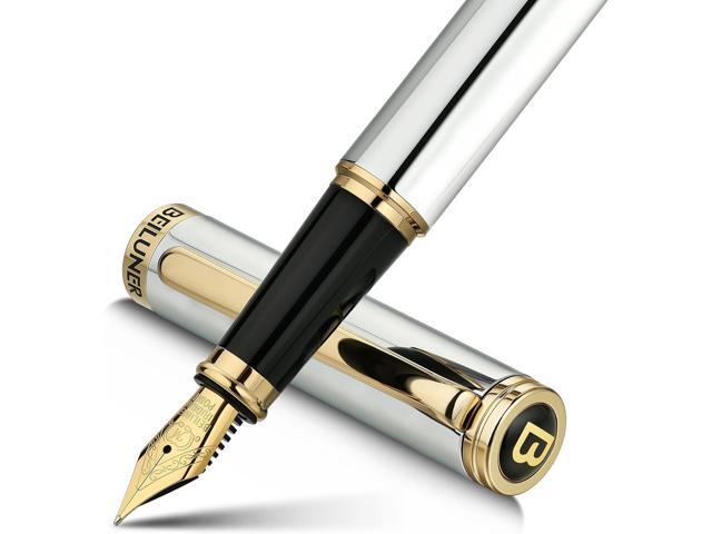 BEILUNER Silver Chrome Fountain Pen,Stunning Luxury with 24K Gold Accents, Gorgeous 24K Gilded Nib(Medium), Fancy Pen Gift for Men & Women -Ink.