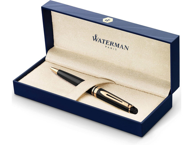 Waterman Expert Ballpoint Pen, Black with Golden Trim, Medium Tip, Blue Ink, Gift Box