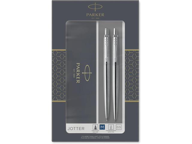 Parker Jotter Duo Gift Set, Ballpoint Pen & Mechanical Pencil (0.5mm), Stainless Steel with Chrome Trim, Quality Blue Ink Refill, Perfect for...
