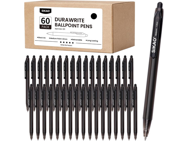 Black Pens Bulk, 60 Pack Durawrite Retractable Ballpoint Pens Black Ink 1.0mm, Click Pens No Bleed No Skip Smooth & Vivid Writing for Teachers,...