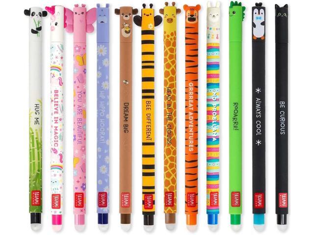 LEGAMI Set of 12 Erasable Gel Pens with Thermosensitive Eraser Ink, Assorted Ink Colours and Barrel Designs, 0.7mm Tip, Animal