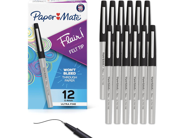 Paper Mate Flair Felt Tip Pens, Ultra Fine Point (0.4mm), Black Ink, 12 Count - Office Supplies, No Bleed, For Precise and Expressive Writing
