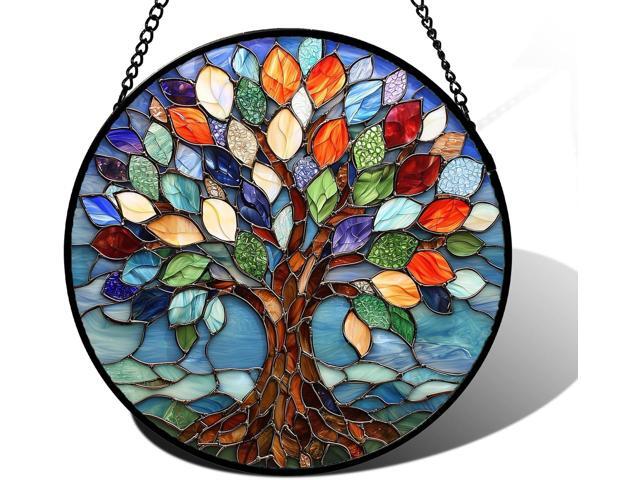 DASTOLL Stained Glass Window Hanging, Colorful Tree of Life Sun Catchers Glass Panel Blue Suncatcher Decor for Birthday for Women, Men, Wife, Aunt,.