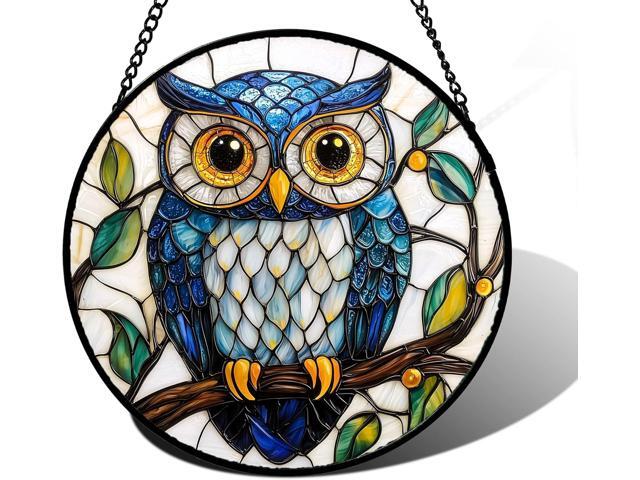 DASTOLL Stained Glass Window Hanging, Owl Gifts for Women Sun Catchers Diamond Glass Panel Hangings Birds Suncatcher Decor for Birthday for Women,.