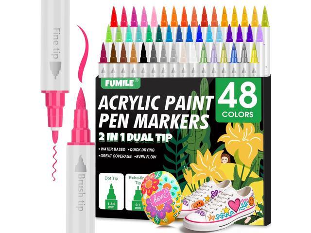 FUMILE 48 Colors Dual Tip Acrylic Paint Pens,Paint Markers With Extra Fine Tip and Brush Tip for Wood, Rock, Glass, Ceramic, Canvas, Paper.Paint.