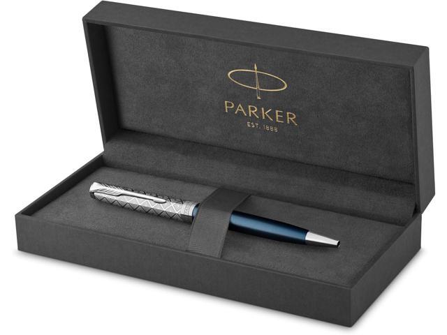 PARKER Sonnet Ballpoint Pen Premium Metal and Blue Satin Finish with Chrome Trim Medium Point with Black Ink Refill Gift Box