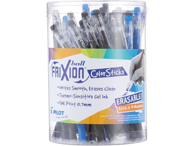 Pilot FriXion ColorSticks Erasable Gel Ink Pens, Erasable Pens, Fine Point 0.7 mm, Tub of 36, 24 Black & 12 Blue