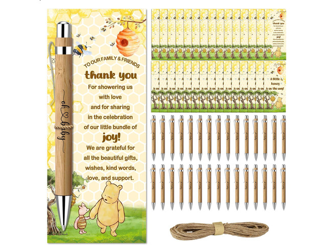 Toerifer 30 Pcs Winnie Baby Shower Favors for 30 Guest, Thank You Gift Sets, Included Bamboo Pens Greeting Cards, Gender Reveal Souvenirs Prizes,...