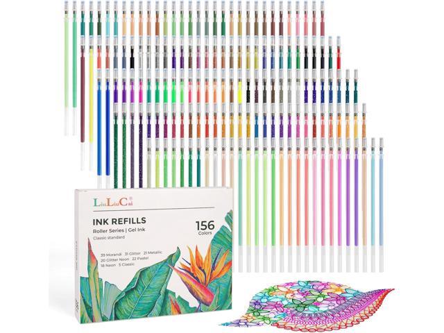 LIULIUCAI Glitter Gel Pen Refills, 156 Colors Gel Ink Pen Refills Replacements, Metallic Neon Ink Refills for Adults Coloring Book Drawing Doodling.
