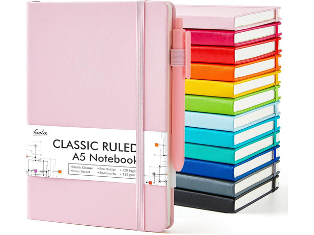 feela Notebooks Journals Bulk, Hardcover Notebook Classic Ruled Journal Set with Pen Holder for School Business Work Travel Writing, with 12 Black...