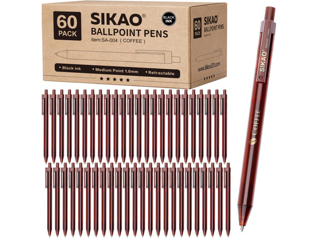 Coffee Ballpoint Pens Bulk, 60 Pack Click Pens Smooth Writing 1.0mm Black Ink, Coffee-Brown Barrel with Gold COFFEE Print for Office, School, Café...