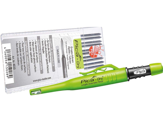 Pica 3030 + 4030 Dry Longlife Automatic Pen + Refill Set Graphite 2B, Black, Ersatzminen