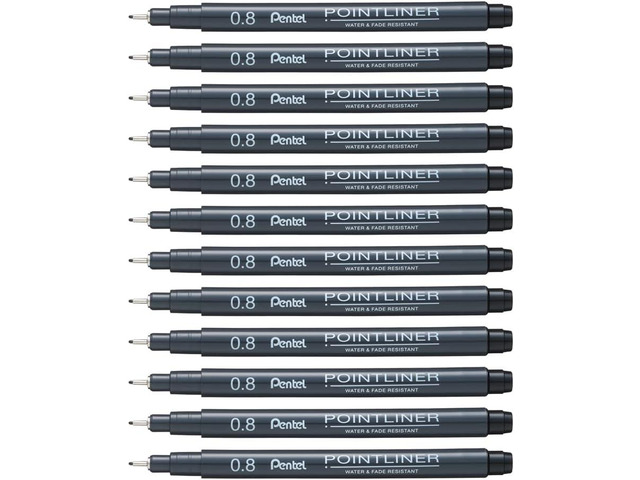 Pentel Arts Pointliner Drawing Pen, 0.8mm, Black Ink, Box of 12 Pens (S20P-8A)