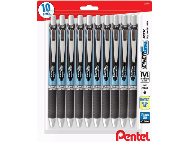Pentel EnerGel RTX Retractable Premium Liquid Gel Pen, (0.7mm) Needle Tip, Ultra Smooth, Medium Line, Black Ink 10 Pack