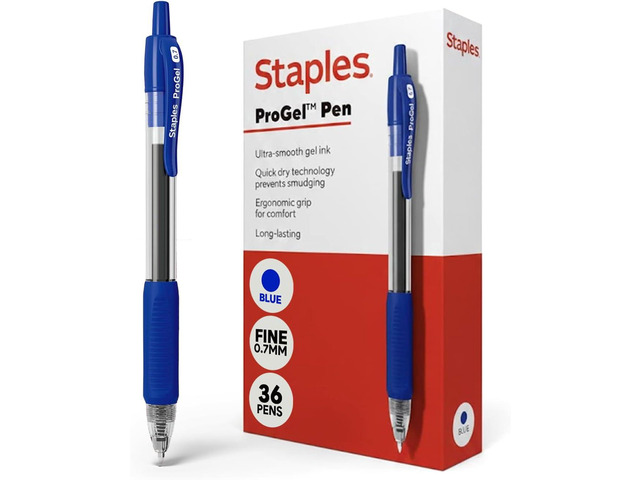STAPLES Retractable Gel Pens, Fine Point 0.7mm, Blue Ink, 36 Pack ProGel SmoothWriting, QuickDry Pens for Office & School