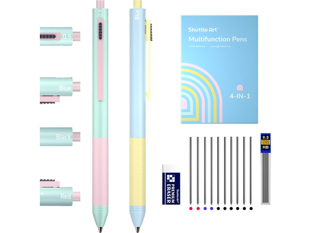 Shuttle Art 4 in 1 Gravity-activated Multicolor Pen, 2 Pack Retractable Ballpoint Pens with 1.0mm Black Blue Red Ink and 0.5mm Mechanical Pencil,...