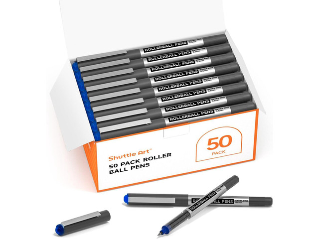 Shuttle Art RollerBall Pens, 50 Pack Blue Fine Point Roller Ball Pens, 0.5mm Liquid Ink Pens for Writing Journaling Taking Notes School Office