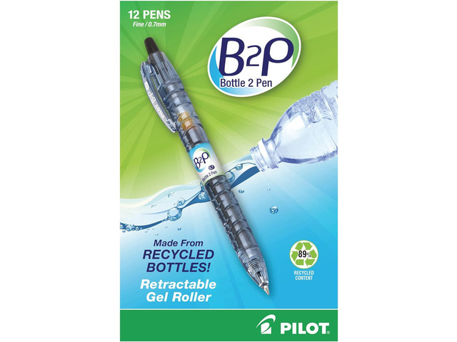 PilotBottle to Pen B2P Retractable Gel Pens, Fine Point, 0.7 mm, 89% Recycled, Translucent Barrel, Black Ink, Pack Of 12