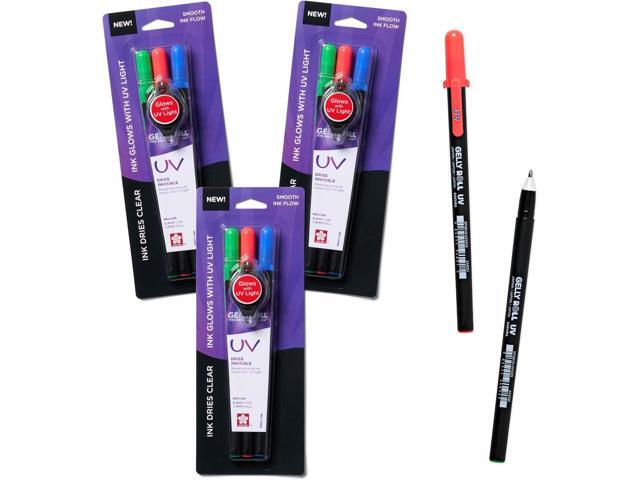 SAKURA Gelly Roll UV Pen - UV Gel Invisible Ink - With Keychain Flashlight - For Art or Drawing - Red, Green & Blue - 9 Pens, 3 Lights