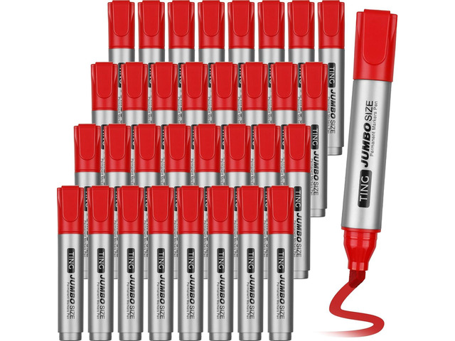 Fuutreo 32 Pcs Jumbo Permanent Markers Bulk Large Chisel Tip Permanent Markers Waterproof Jumbo Pens Quick Drying Office Supplies(Red)
