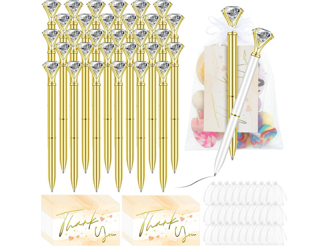 Yeaqee 91 Pcs Bridal Shower Pens Diamond Set 31 Wedding Crystal Pens 30 Organza Bags 30 Cards Bridesmaid Bling Metal Ballpoint Pen for Wedding...