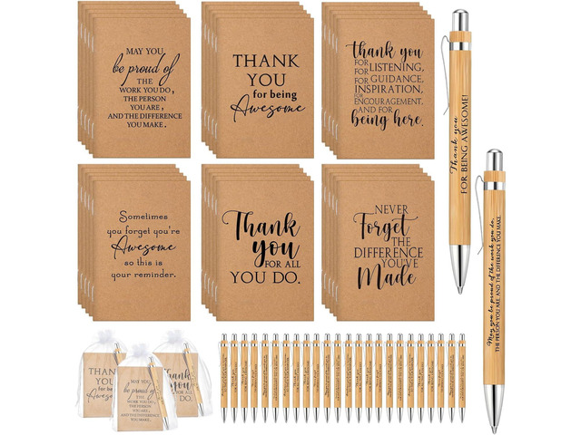 Teling 30 Sets Teacher End of Year Appreciation Gifts Include Thank You Notebooks Inspirational Bamboo Wooden Ballpoint Pen with Organza Bag...