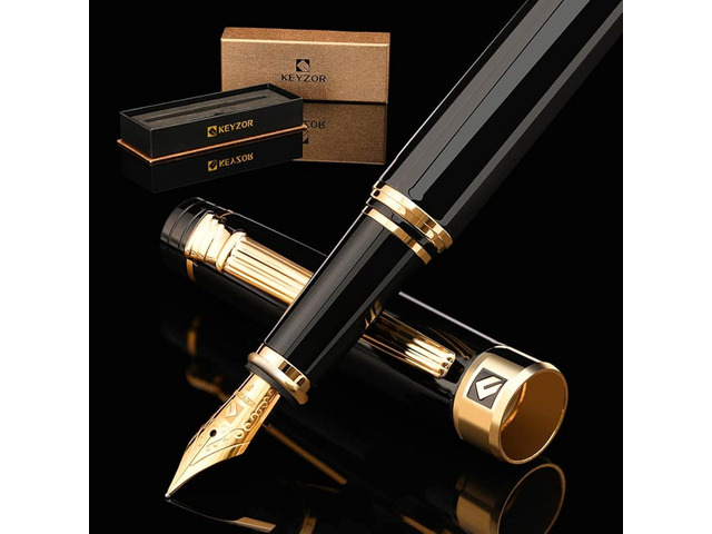 KEYZOR Luxury Fountain Pen Fine Nib For Writing,Refillable Ink Converter,24k Gold Trim Pens Gift Set For Men &Women,Professional,Business,Office