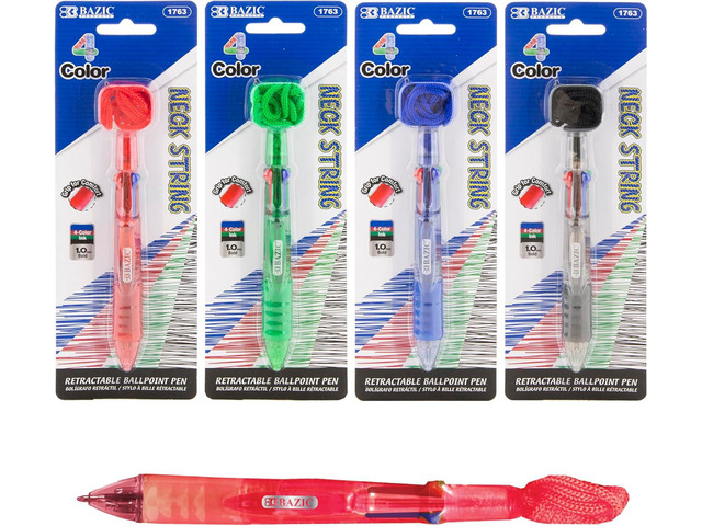 BAZIC PRODUCTS Ballpoint Pen 4-Color Pens w/Neck String & Soft Grip, 1.0 mm Bold Point Smooth Writing, for Office School Teacher (1/Pack), 24-Pack