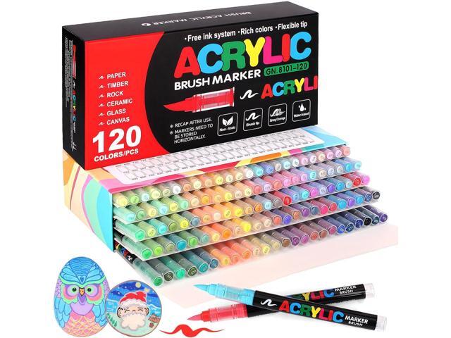 120 Acrylic Paint Markers, Soft Brush Tip Acrylic Markers for Rock Painting, Wood, Stone, Glass, Canvas, Fabric, Ceramic - Brush Tip Water Based Pens