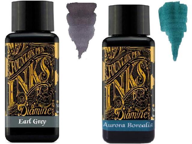 Diamine Fountain Pen Ink 30ml - 2 x Bottles - Earl Grey & Aurora Borealis