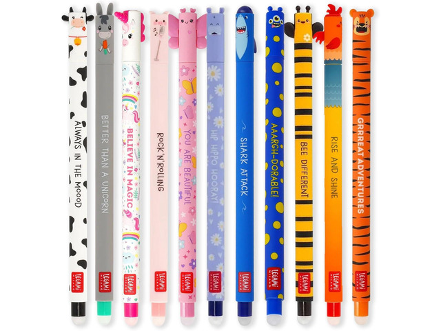 LEGAMI - Set of 11 Gel Erasable Pens With 0.7 mm Tip, Assorted Ink Colours and Animal Designs - Farm Yard, Tiger, Butterfly, Shark etc