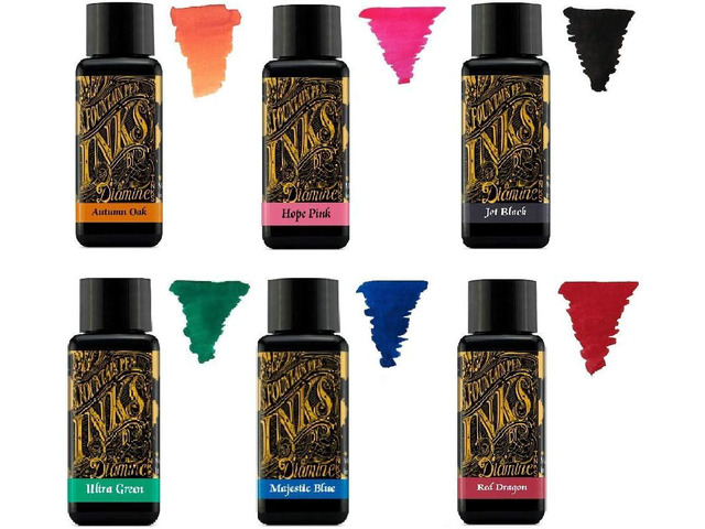 Diamine - 30ml Fountain Pen Ink - Color Wheel - 6 Pack - Autumn Oak, Hope Pink, Jet Black, Ultra Green, Majestic Blue, Red Dragon