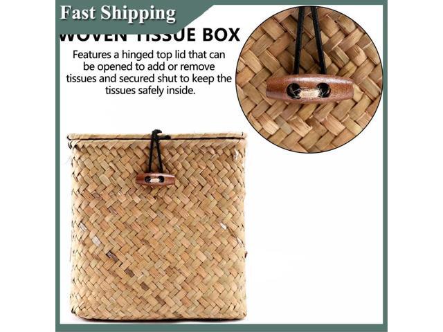 2 Pack Square Seagrass Facial Tissue Box - Decorative Woven Paper Holder Napkin Dispenser - Straw Tissue Box Cover