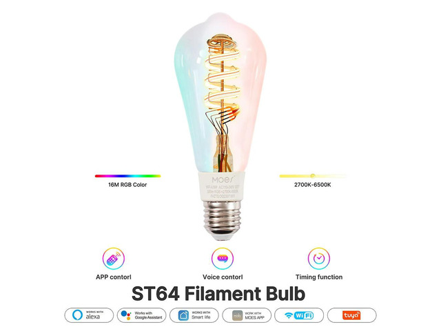 ST64 Edison LED Light Bulbs 16 Million RGB Color Light Bulb Work with Alexa/Google Home 350LM APP Control