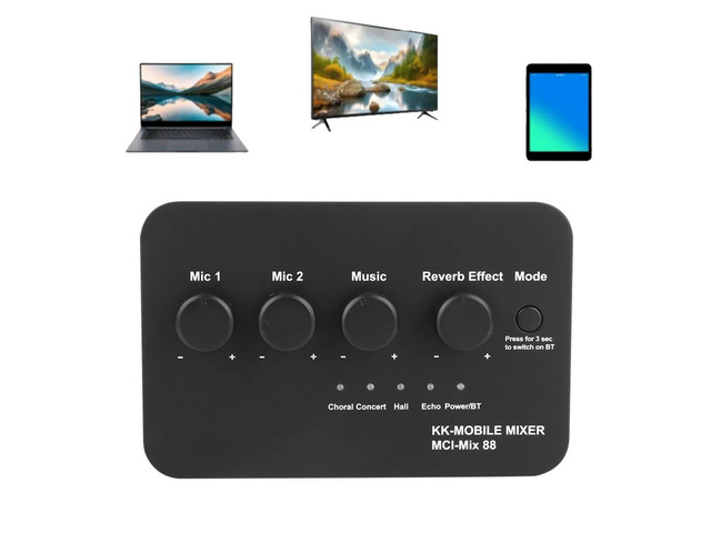 Compact Karaoke Audio Mixer AUX IN/OUT BT Connection Dual Mic Inputs Digital Audio Sound Karaoke Machine for TV/PC & Amplifier